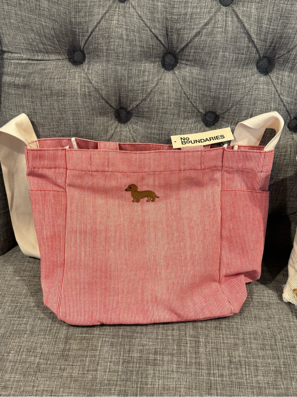 No Boundaries Red and Cream Striped Tote with Dachshund Accent